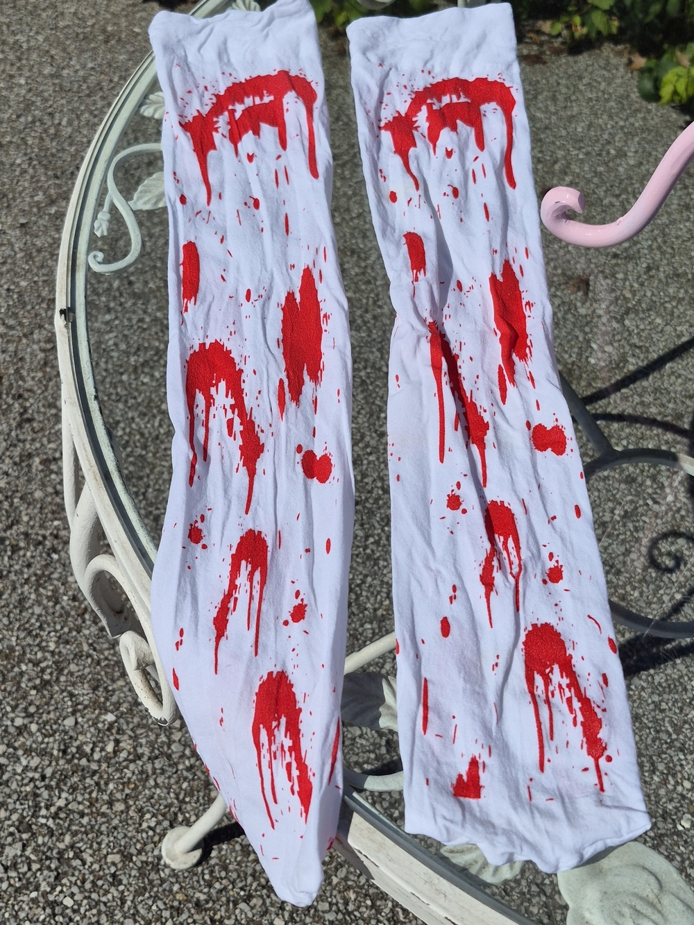 White Womens Over The Knee Stockings with Red Splash Blood Print